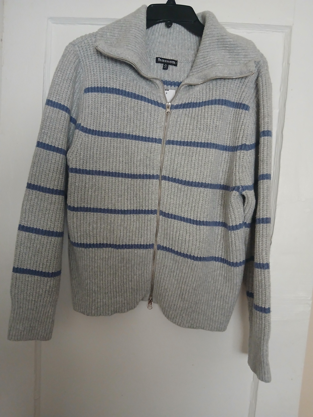 Hasson Zip-Front Gray Cardigan with Blue Stripes Juniors Medium